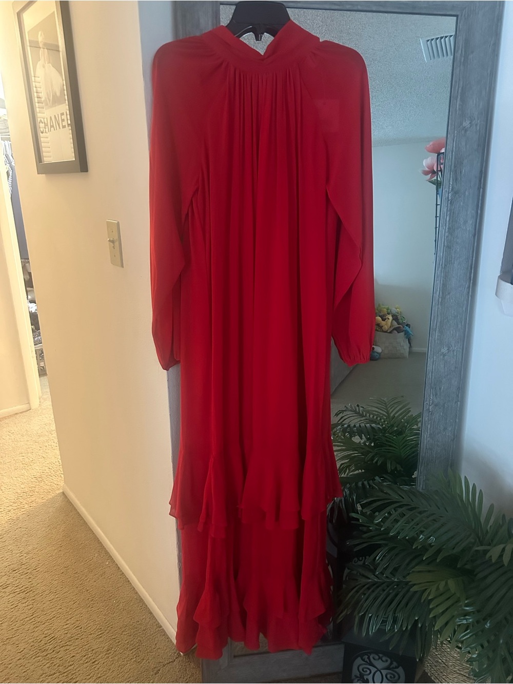 Flowing Red Long-Sleeve Ruffle-Hem Midi Dress